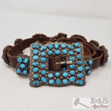 Sterling Silver Turquoise Stone Leather Concho Belt, Weighs Approx 341.5g
