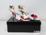 Authentic Chanel Multi-Colored Floral Graphic Heel Sandals Size 39/8