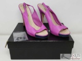 Authentic Chanel Purple CC Leather Open Toe Blue Platfrom Singleback Heel Size 39/8
