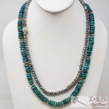 Turquoise Necklace With Sterling Silver Clasp and Sterling Silver Beaded Accents, and A Beaded