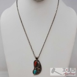 Sterling Silver Necklace with Coral and Turquoise Pendent.