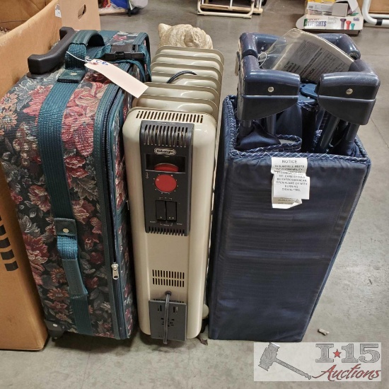 Floral Print Suitcase, Pack-and-Play and Space Heater