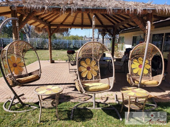 3 Wicker Hammock Chairs with 2 End Tables