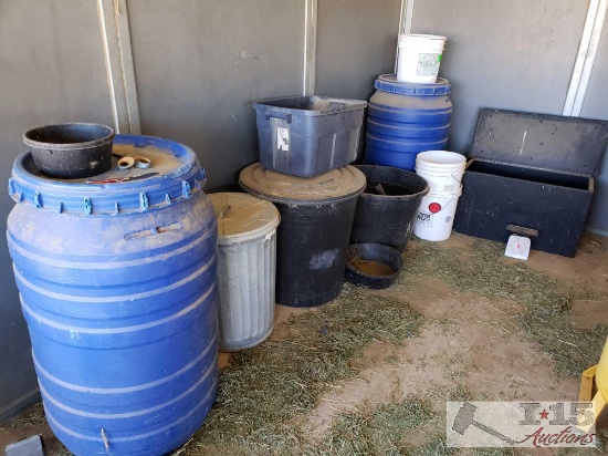 Barrels, Buckets, Metal Storage Box, and Trash Cans