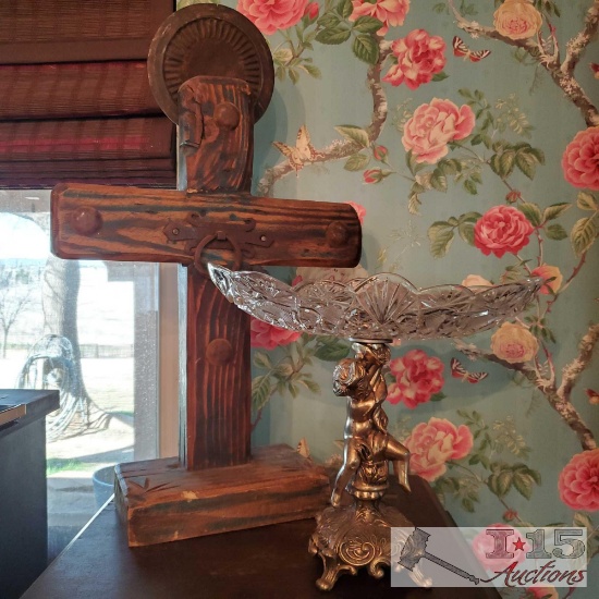 Wooden Cross and Metal and Glass Table decor