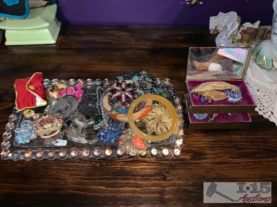 Glass Jewelry Tray with Assorted Costume Jewelry
