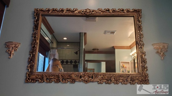 Large Gold Tone Victorian Styled Wall Mirror and 2 Sconces