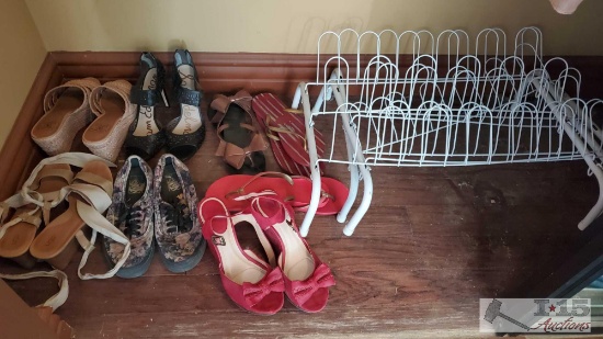 4 Pairs of Heels/Wedges, 4 Pairs of Sandles/Shoes and 3 Shoe Racks