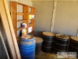 3 55 Gallon Barrels, 2 Bookshelves, 2 other Barrels, Misc Wood and Metal Pipe