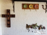 Wooden Cross with Metal Roses and Two Coat Hooks