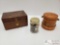 A Wooden Box With Metal Clasp, A Wooden Container Full of Coins, A Jar Full of Coins