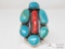 One of a Kind Chunky Native American Ring with Large Coral and Turquoise Stones Artist Marked