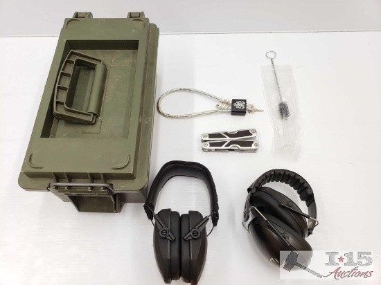Ammo Can, 2 Ear Protection, Gun Cleaning Brush, Multi Tool, And Gun Lock
