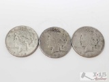 3 Silver Peace Dollars (1922, 1923, 1924)- San Fransisco Mint