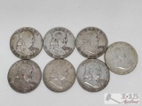 7 Silver Franklin Half Dollars - 87g