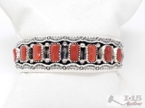 Impressive Vintage Navajo Coral Sterling Silver Bracelet Old Native American