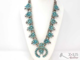 VINTAGE,1970?s STERLING/TURQUOISE PETIT POINT SQUASH BLOSSOM NECKLACE