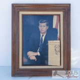 John F Kennedy Framed Photograph and Joseph Kennedy News Clipping