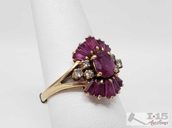 14k Gold Ruby Ring with Accent Diamonds, 3.9g