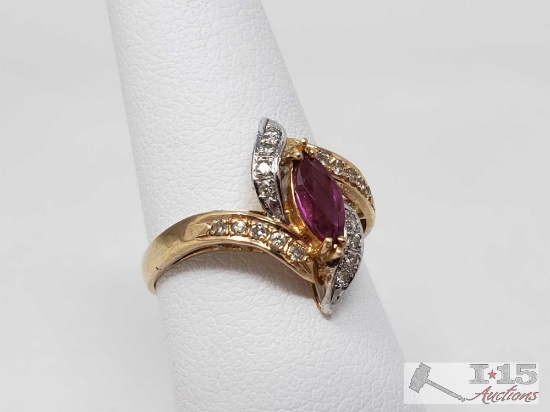 14k Gold Ring with Center Ruby and Accent Diamonds, 3.2g