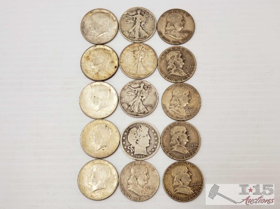 5 Sliver Kennedy Half Dollars, 3 Silver Walking Liberty Half Dollars, 1 Barber Head Half Dollars, 6