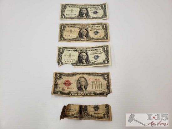 3 Blue Sealed Dollar Bills, 1 Red Sealed 2 Dollar Bill, and 1 Half Blue Sealed Dollar Bill