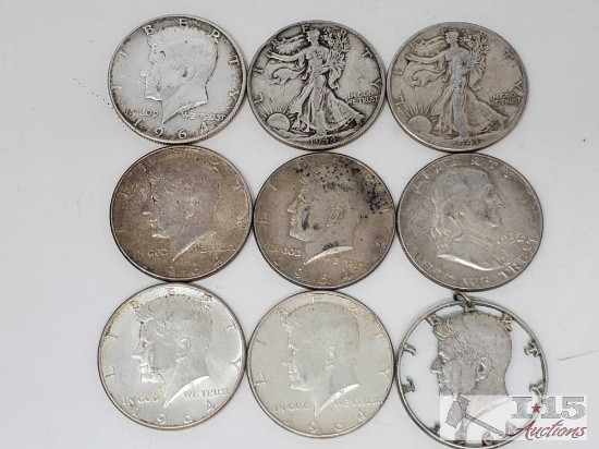 5 Silver Kennedy Half Dollars, 2 Silver Walking Liberty Half Dollars, 1 Silver Franklin Half Dollar,