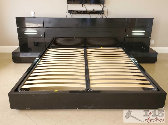 Cal-King Bedframe w/ Lights, 2 Nightstands & Banana Board Bases