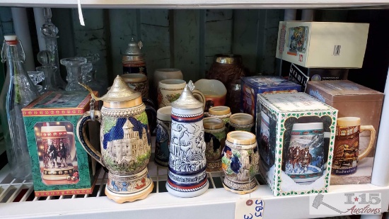 Approx. 27 Beer Stines, and 6 Decanters