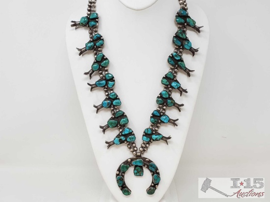 RARE Old Pawn Pilot Mountain Turquoise Sterling Navajo Squash Blossom Necklace