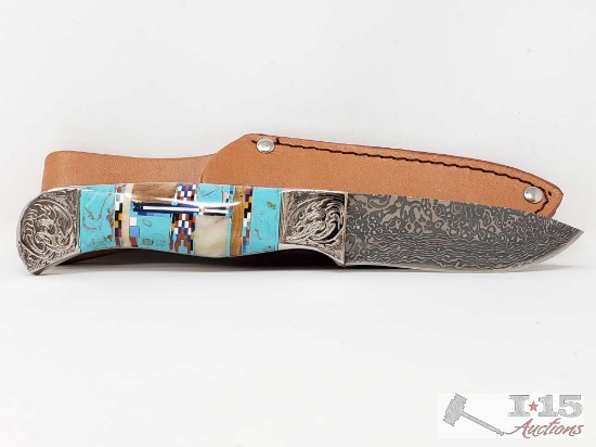 Navajo Style Engraved Boot Knife with Turquoise and Multicolor Inlay Handle and Leather Sheath