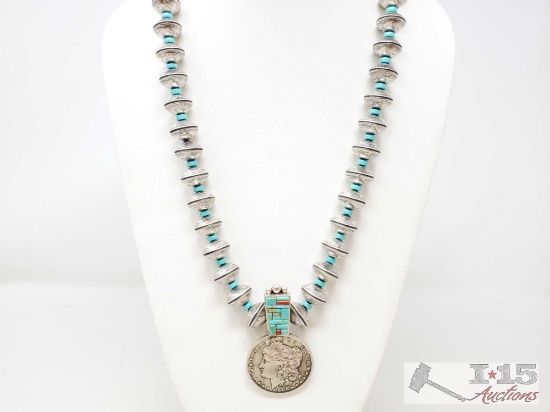 Navajo Signed Morgan and Mercury Dime Turquoise Inlay Necklace. 1886 Morgan Silver Dollar
