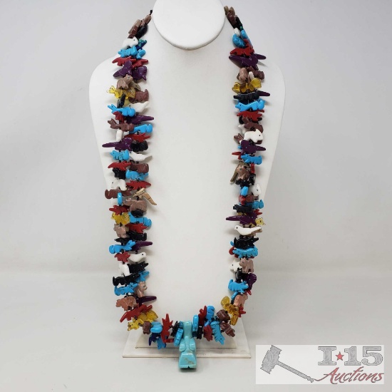 Authentic Turquoise, Coral Onyx Fetish Necklace With Sterling Silver Clasp