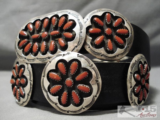 Artist Marked AMAZING VINTAGE NATIVE AMERICAN NAVAJO CORAL STERLING SILVER CONCHO BELT