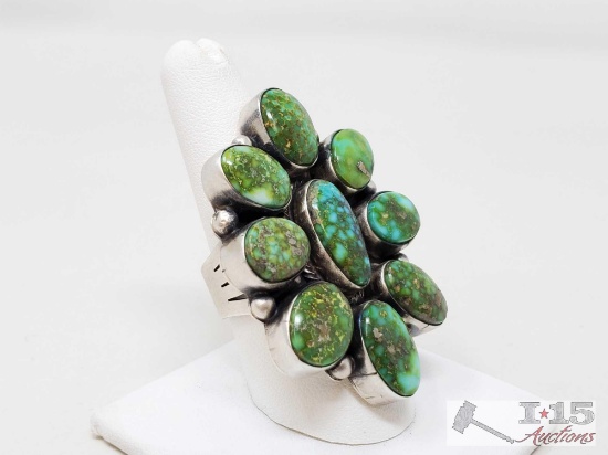 Artist Marked Hand Made Sonoran Gold Cluster Ring Large Green Turquoise Sterling Silver