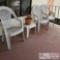 3 White Plastic Chairs, End Table and Pottery