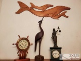 2 Decorative Clocks, Crane Statue, Wood Whale Wall Decor