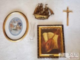 2 Framed Pieces of Art Work, Crucifix, Metal Boat and Glass Vase