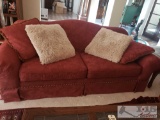 Vintage Red Fabric Couch and Love Seat with Decorative Pillows