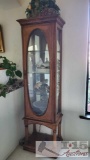 Wooden Display Cabinet with Figurines, Glass Dish and Basket