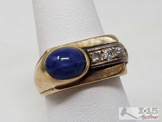 14k Gold Diamond Ring with Blue Stone, 7g