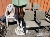 Patio Furniture, 8 Chairs, Patio Umbrella, Side Table, 3 Decorative Items