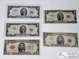 3 Red Sealed 2 Dollar Bills, 2 Blue Sealed 5 Dollar Bills