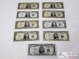 7 Blue Sealed One Dollar Bills, 2 Blue Sealed 5 Dollar Bills