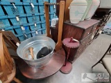 Small Wooden Coffee Table, 2 Wooden Pool Que Racks, Trumpet, Cowboy Hat, Galvanized Tin