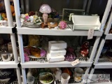 6 Hurricane Lamp Glasses, Ceramic Figurines, Mirrored Jewelry Box, And More