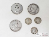 2 Silver Franklin Half Dollars, 1 Silver Kennedy Half Dollar, 3 Silver Mercury Dimes, 44.45g