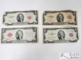 4 Red Seal 2 Dollar Bills