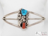 Max C Sterling Silver Turquoise and Coral Cuff Bracelet- 13.4g