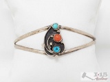 Vintage Nevada Turquoise and Coral Sterling Silver Native American Cuff Bracelet- 9.4g